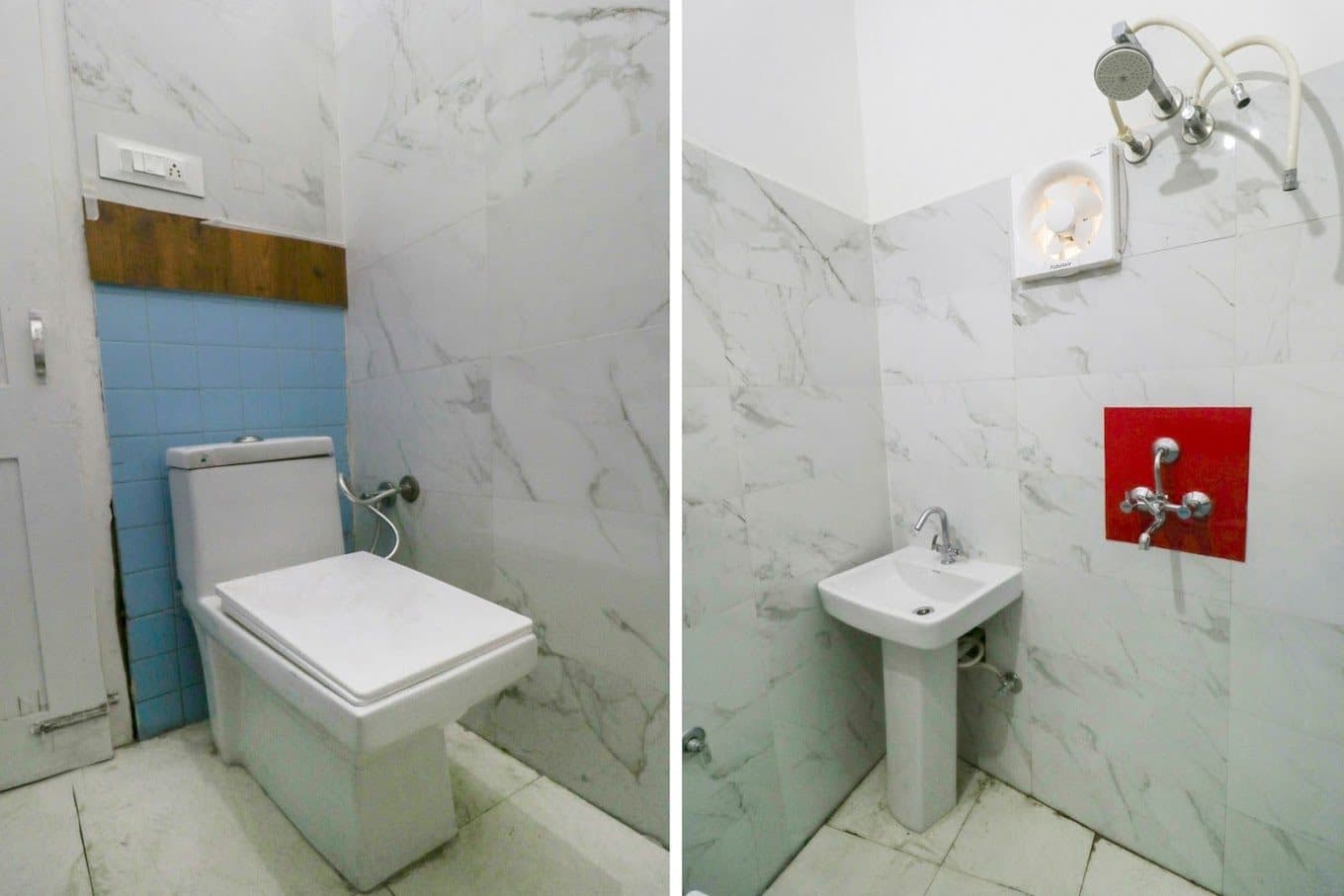 Attached bathroom with washbasin, shower fittings and marble tiling