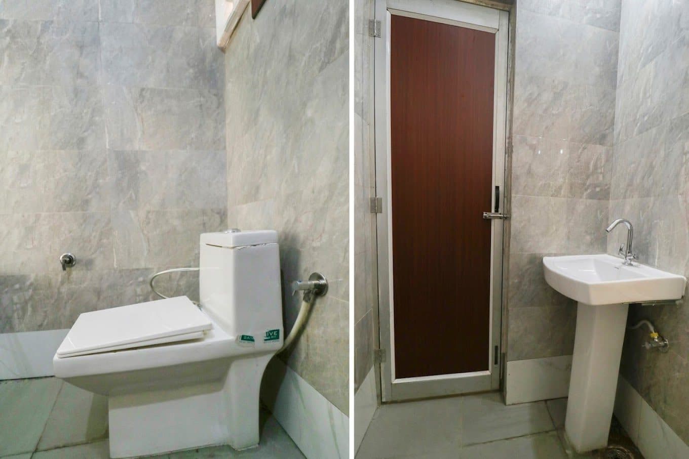 Attached bathroom with WC, pedestal washbasin and tiled walls